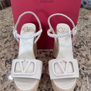 Valentino Garavani Cream Braided Ankle Strap Wedge Sandals
